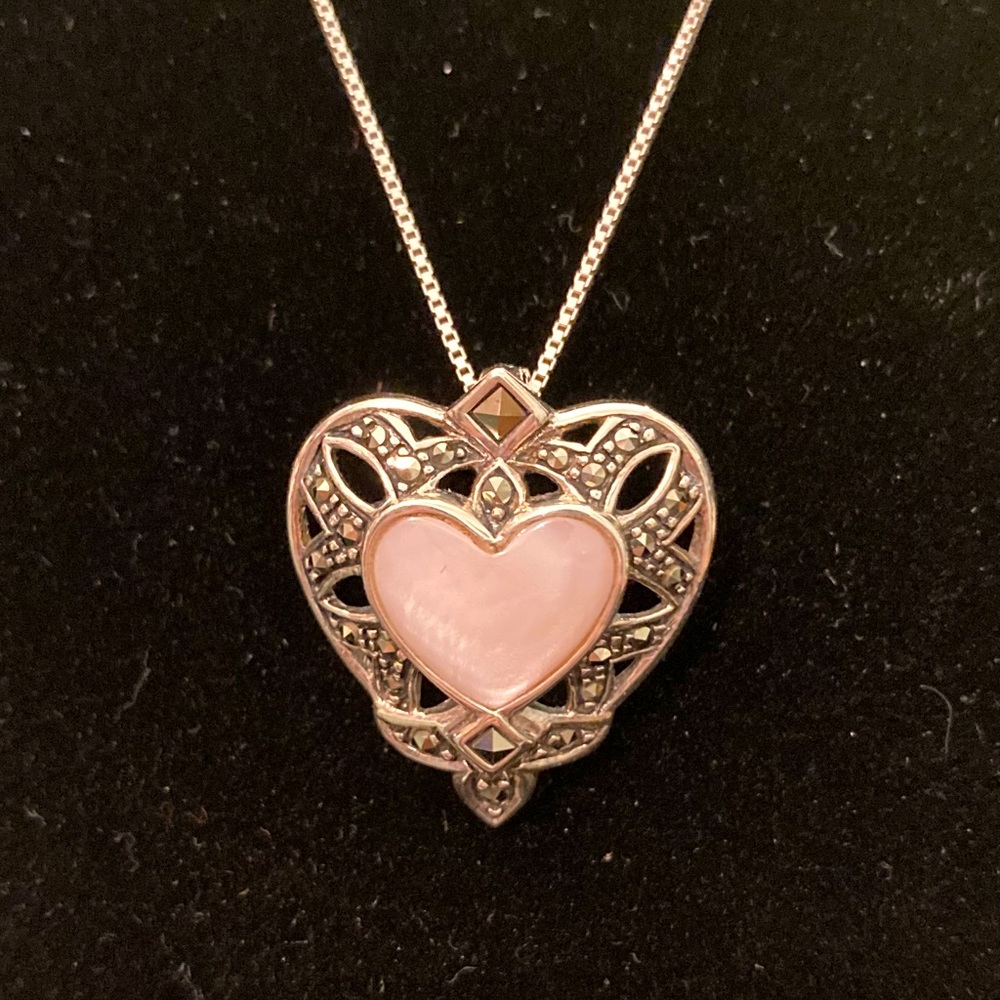 Sterling Silver Pink Mother of Pearl Marcasite Heart Pendant Enhancer Necklace